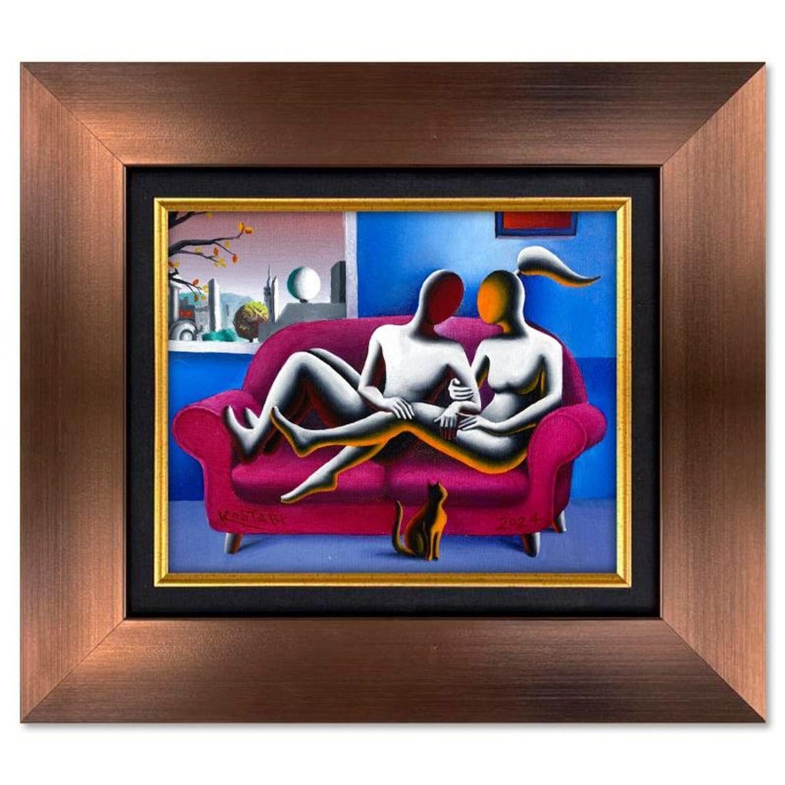 Mark Kostabi, "Embracing Tomorrow" Framed Original Oil Painting on Canvas, Hand Signed with a: "Embracing Tomorrow"is an original oil painting on canvas by Mark Kostabi, hand signed by the artist. This piece comes custom framed. Includes Certificate of Authenticity. Measures approx. 20" x 22" (