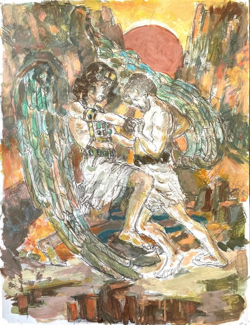 Boris Tyomkin- Acrylic on paper "Jacob Wrestling with an Angel": Artist: Boris Tyomkin. Medium: Acrylic on paper. Title: Jacob Wrestling with an Angel. Size: 7.5" x 10". Reference#: 25123.