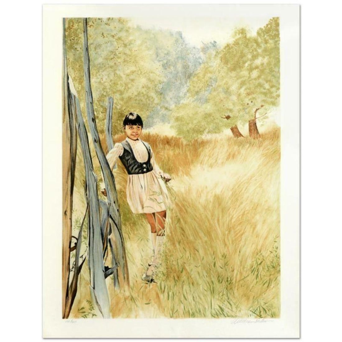 William Nelson, "Girl in Meadow" Limited Edition Serigraph, Numbered and Hand Signed by the Artist.: Girl in Meadow is a limited edition serigraph on paper by William Nelson, numbered and hand signed by the artist! Measures approx. 22" x 28.5" (with border); 18.5" x 26" (image). Reference#: 92389.