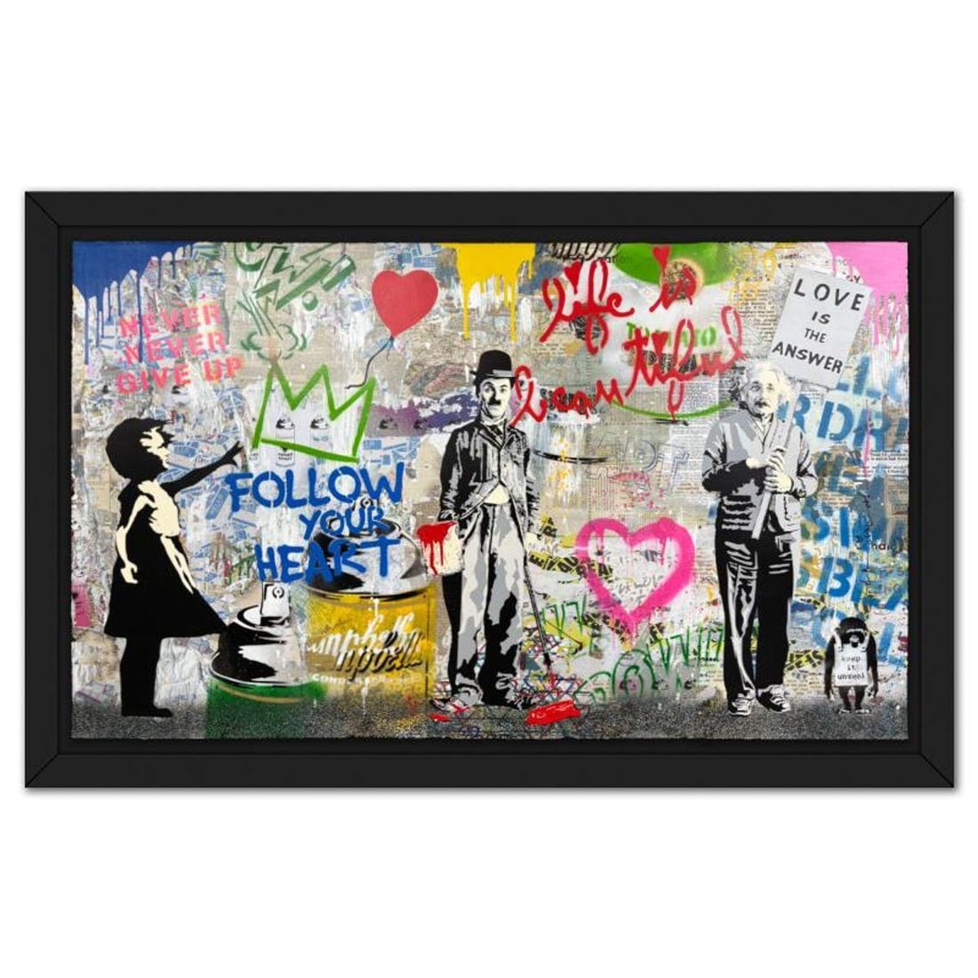 Mr Brainwash, '"Pop Wall" Framed Mixed Media Original, Hand Signed with Certificate of Authenticity.: "Pop Wall" is a mixed media original on deckle edge paper by Mr Brainwash, hand signed and thumbprinted inverso by the artist. This piece comes custom framed. Includes Certificate of Authenticity. Mea
