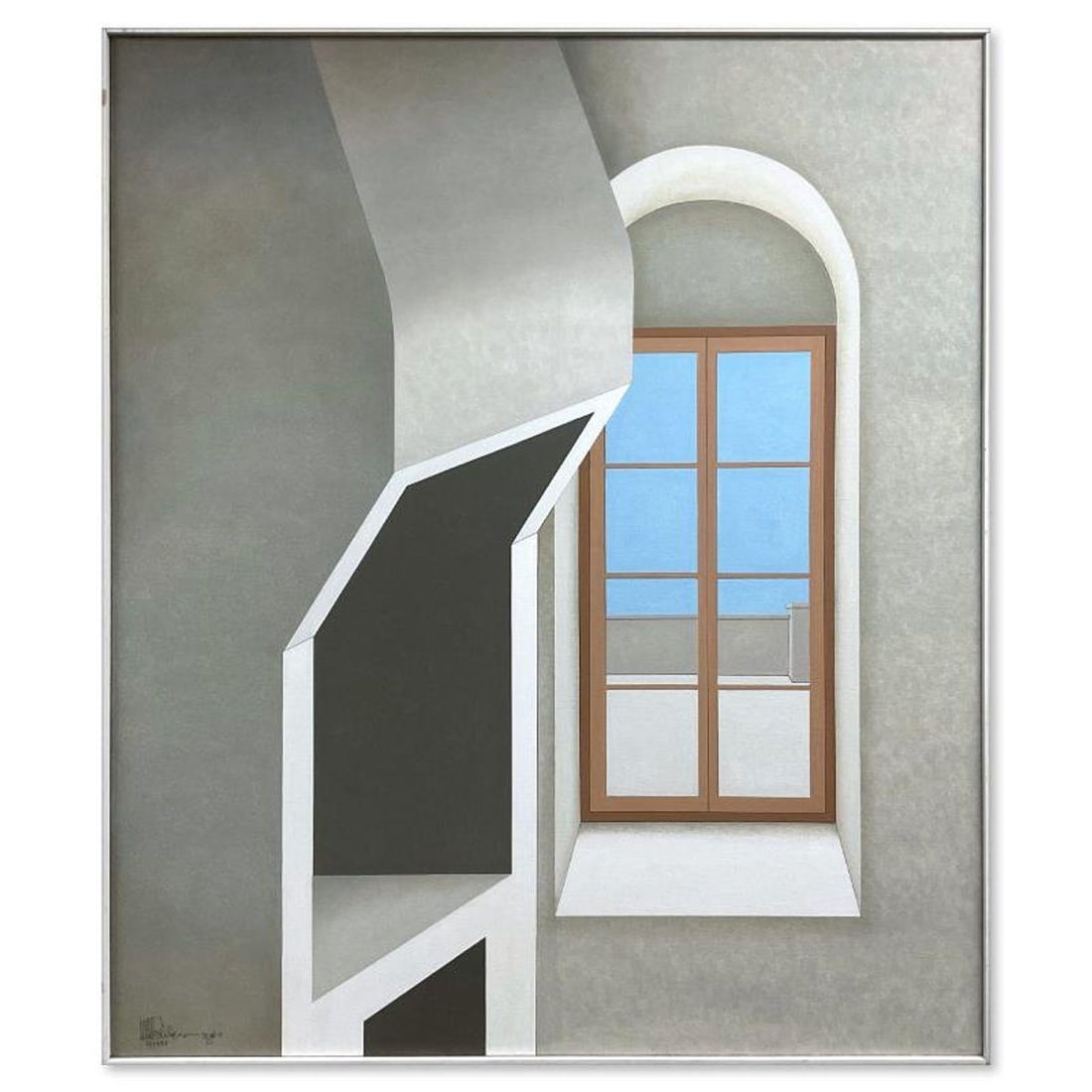 William Schlesinger (1915-2011), Framed Original Oil Painting on Canvas (42.5" x 36.5"), Dated 1983: This is an original oil painting on canvas by William Schlesinger (1915-2011), dated 1983 and hand signed by the artist. This piece comes framed in a box frame; due to the age of the piece there is mi