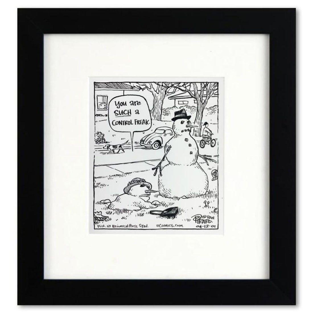 Bizarro, "Control Freak Snowman" is a Framed Original Pen & Ink Drawing by Dan Piraro, Hand Signed: Enter a surreal and satirical world of twisted imagination and award winning creativity. "Control Freak Snowman" is an original pen & ink drawing on paper by Dan Piraro, creator of the critically accl