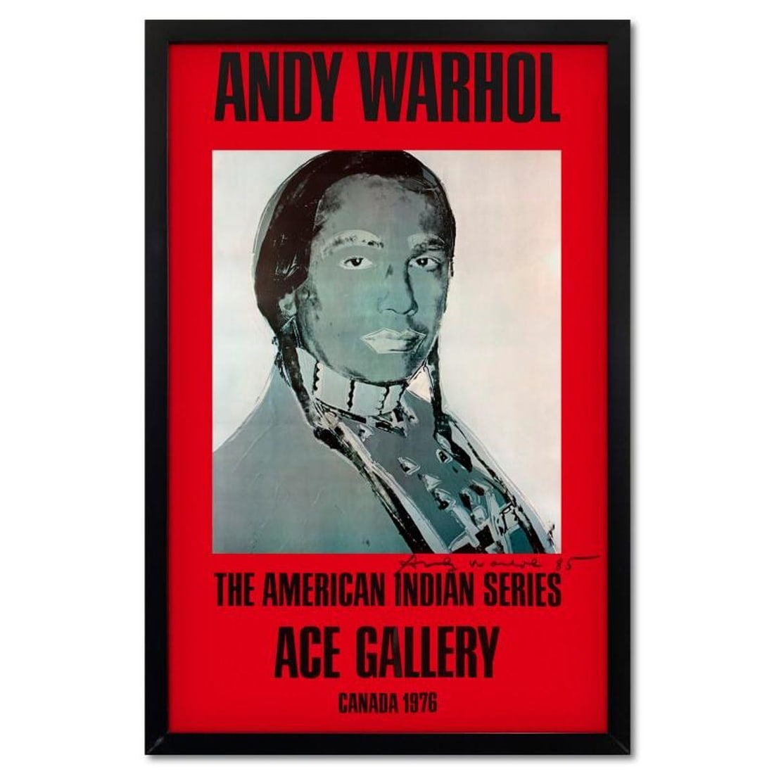 Andy Warhol (1928-1987), "The American Indian Series (Red)" Framed Vintage Poster (35.5" x 51") from: "The American Indian Series" is a vintage poster by Andy Warhol (1928-1987) from the Ace Gallery, Los Angeles, CA. This piece is hand signed and dated (1985) by Warhol. This piece comes custom framed.