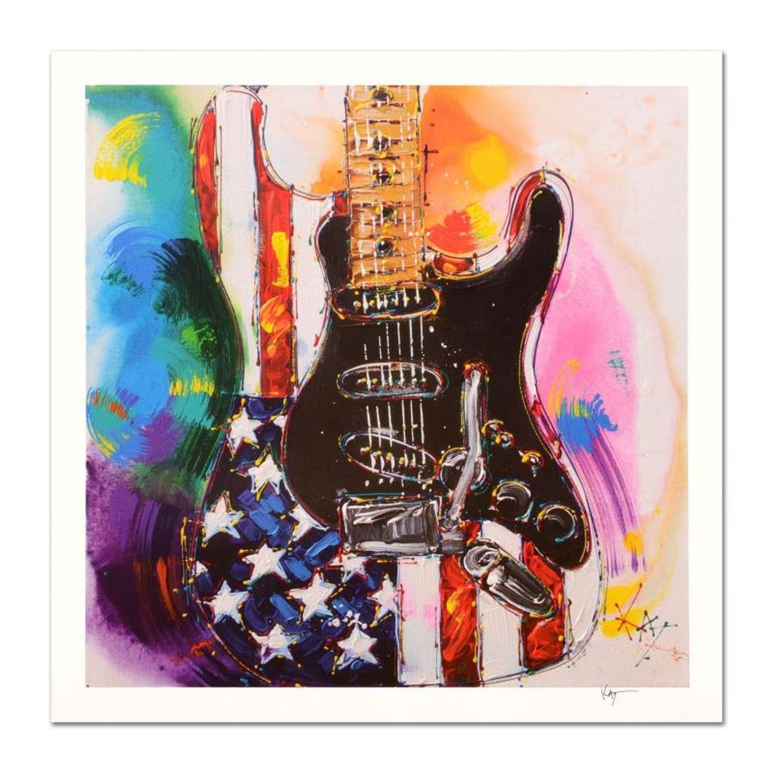 KAT, "American Stratocaster" Limited Edition Lithograph, Numbered and Hand Signed with Certificate: American Stratocaster is a limited edition lithograph on paper by KAT, numbered and hand signed by the artist. Includes Certificate of Authenticity. Measures approx. 20" x 20" (border); 17" x 17" (ima