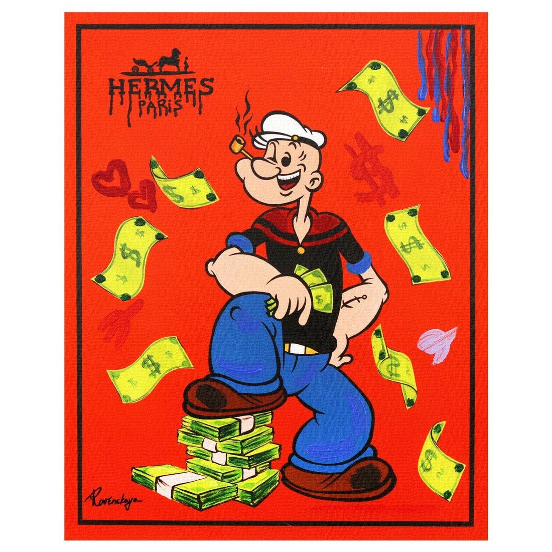 Nastya Rovenskaya- Original Mixed Media on Canvas "Spinach Sale": Artist: Nastya Rovenskaya. Medium: Original Mixed Media on Canvas. Title: Spinach Sale. Size: 20" x 16". Signature: Hand signed. Certificate of Authenticity: Is included. Reference#: 70979.