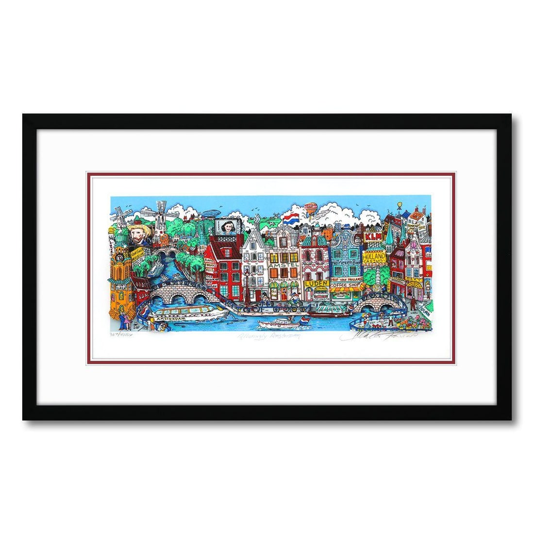 Charles Fazzino- 3D Construction Silkscreen Serigraph "Alluringly Amsterdam": Artist: Charles Fazzino. Medium: 3D Construction Silkscreen Serigraph. Title: Alluringly Amsterdam. Size: 9" x 18". Measures approx. 15" x 24" (framed). Signature: Hand Signed and Numbered. Certificat