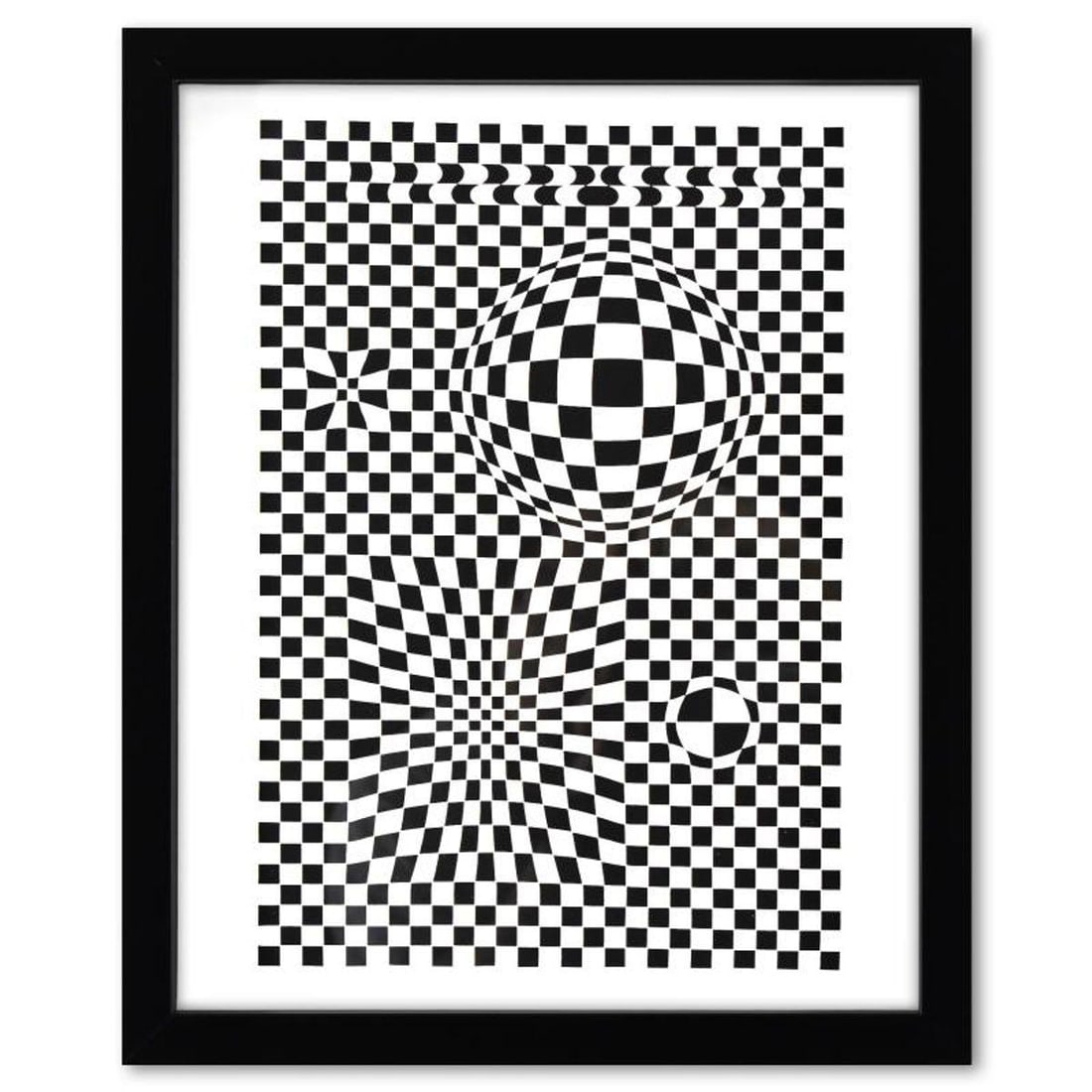 Victor Vasarely (1908-1997), "Vega de la serie Corpusculaires" Framed 1973 Heliogravure Print with: Vega de la serie Corpusculaires is a heliogravure print on paper, published in 1973, by Victor Vasarely (1908-1997). This piece comes custom framed, with a letter of authenticity and with a 1976 Vasar