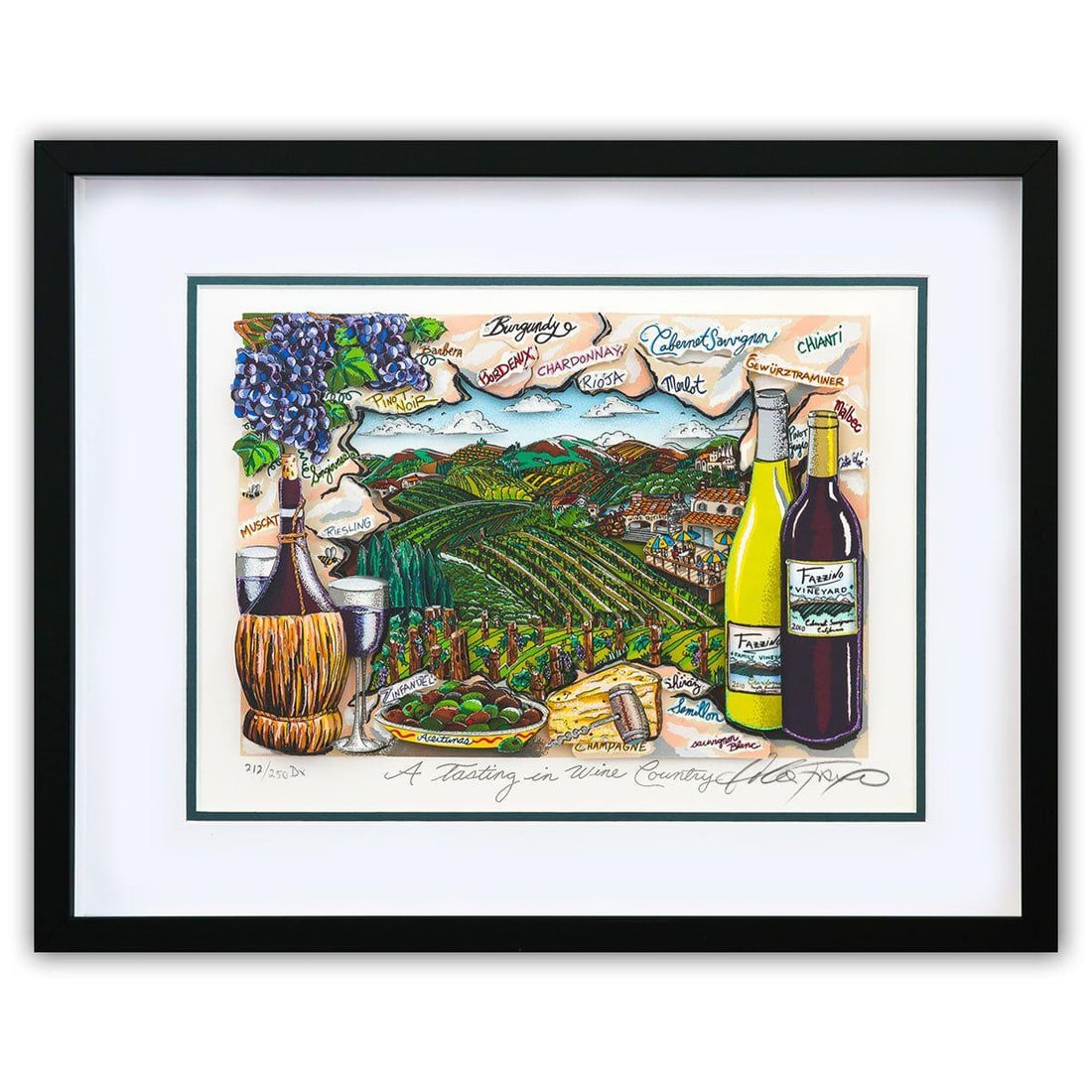 Charles Fazzino- 3D Construction Silkscreen Serigraph "A Tasting in Wine Country": Artist: Charles Fazzino. Medium: 3D Construction Silkscreen Serigraph. Title: A Tasting in Wine Country. Size: 11" x 15". Measures approx. 19.5" x 23" (framed). Signature: Hand Signed and numbered by