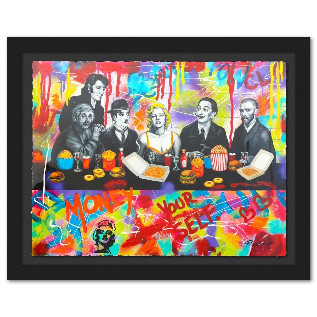 Nastya Rovenskaya- Original Mixed Media on Deckle Edge Paper "The Last ICONIC Meal": Artist: Nastya Rovenskaya. Medium: Original Mixed Media on Deckle Edge Paper. Title: The Last ICONIC Meal. Size: 38" x 50". Measures approx. 48" x 60" (framed). Signature: Hand Signed by the artist. C