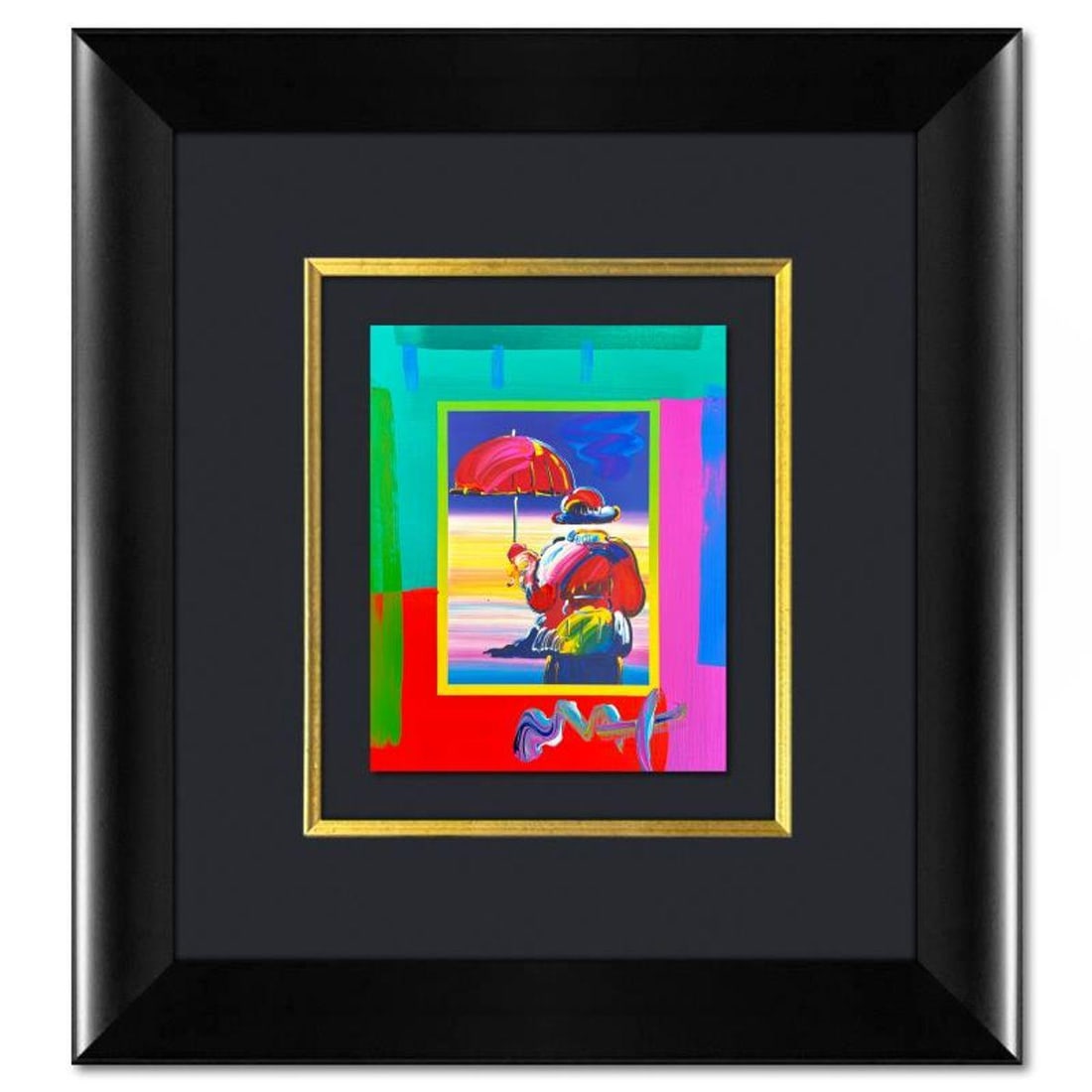 Peter Max, "Umbrella Man on Blends" Framed One-of-a-Kind Acrylic Mixed Media, Hand Signed with: "Umbrella Man on Blends" is a one-of-a-kind acrylic mixed media on paper, hand signed by Peter Max. The piece comes custom framed with a backside cutout to display Peter Max Studio registration number