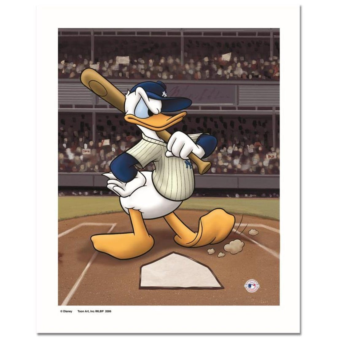 Donald at the Plate (Yankees) Numbered Limited Edition Giclee licensed by Disney with Certificate of: Donald at the Plate (Yankees) is a limited edition giclee on paper licensed by Disney featuring Donald Duck in New York Yankees MLB uniform. It comes numbered and with a Certificate of Authenticity! M