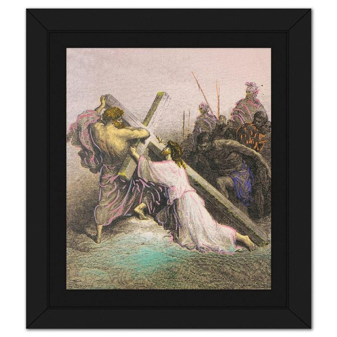 Steve Kaufman (1960-2010), "Simon Helping Jesus" Framed Hand Embellished Limited Edition Silscreen,: "Simon Helping Jesus" is a hand embellished limited edition silkscreen on canvas by Andy Warhol protege, Steve Kaufman (1960-2010), numbered 21/50 inverso and hand signed by the artist. This piece com