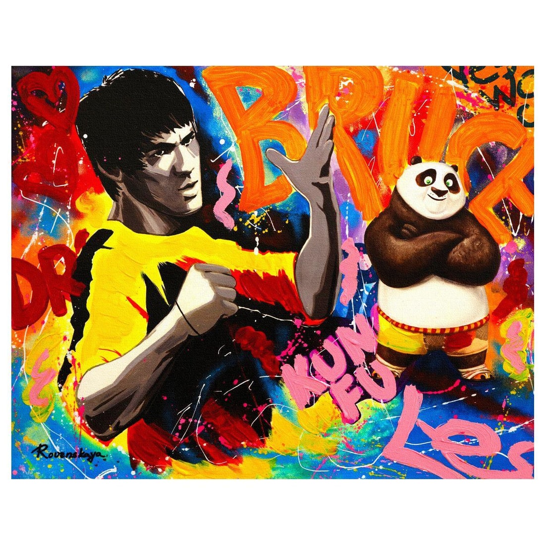 Nastya Rovenskaya- Original Mixed Media on Canvas "Bruce Lee & Kung Fu Panda" (1 of 2)