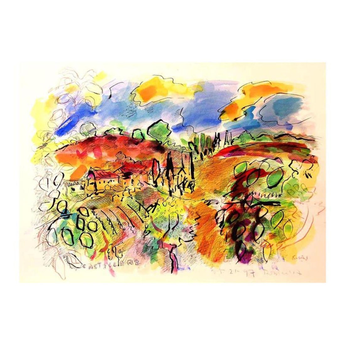 Wayne Ensrud, "Castellare Vineyard in Chianti, Italy" Mixed Media Original Artwork; Hand Signed; COA: "Castellare Vineyard in Chianti, Italy" is an original Mixed Media on Paper by Wayne Ensrud. The piece is hand signed by the artist and comes with a Certificate of Authenticity. Measures approximately