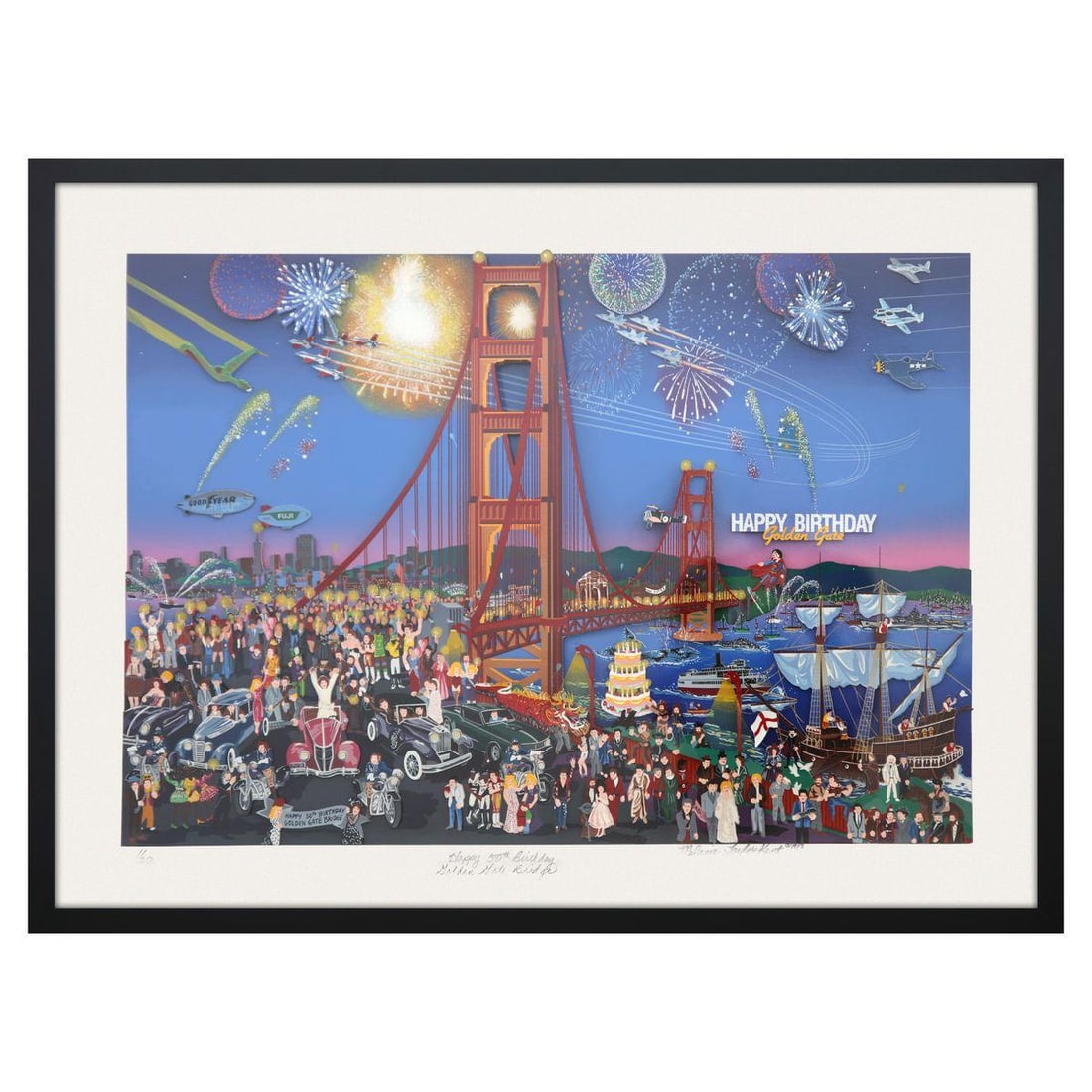 Melanie Taylor- 3D Construction Serigraph on Paper "Happy 50 Birthday Golden Gate Bridge": Artist: Melanie Taylor. Medium: 3D Construction Serigraph on Paper. Title: Happy 50 Birthday Golden Gate Bridge. Size: 22" x 32". Measures approx. 29" x 39" (framed). Signature: Hand Signed and number