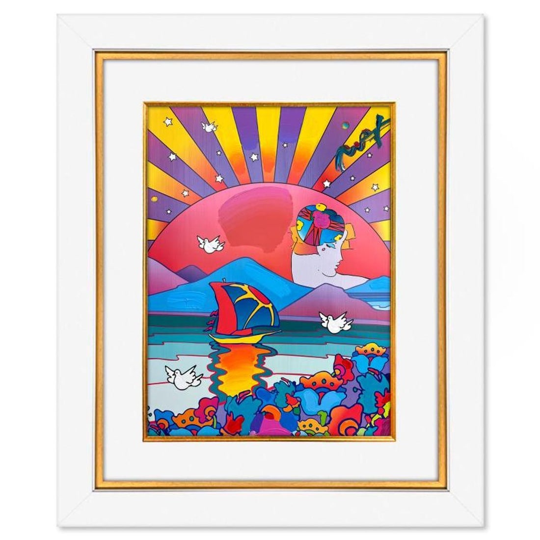 Peter Max, "A New Beginning" Framed One-of-a-Kind Mixed Media, Hand Signed with Registration Number (1 of 2)