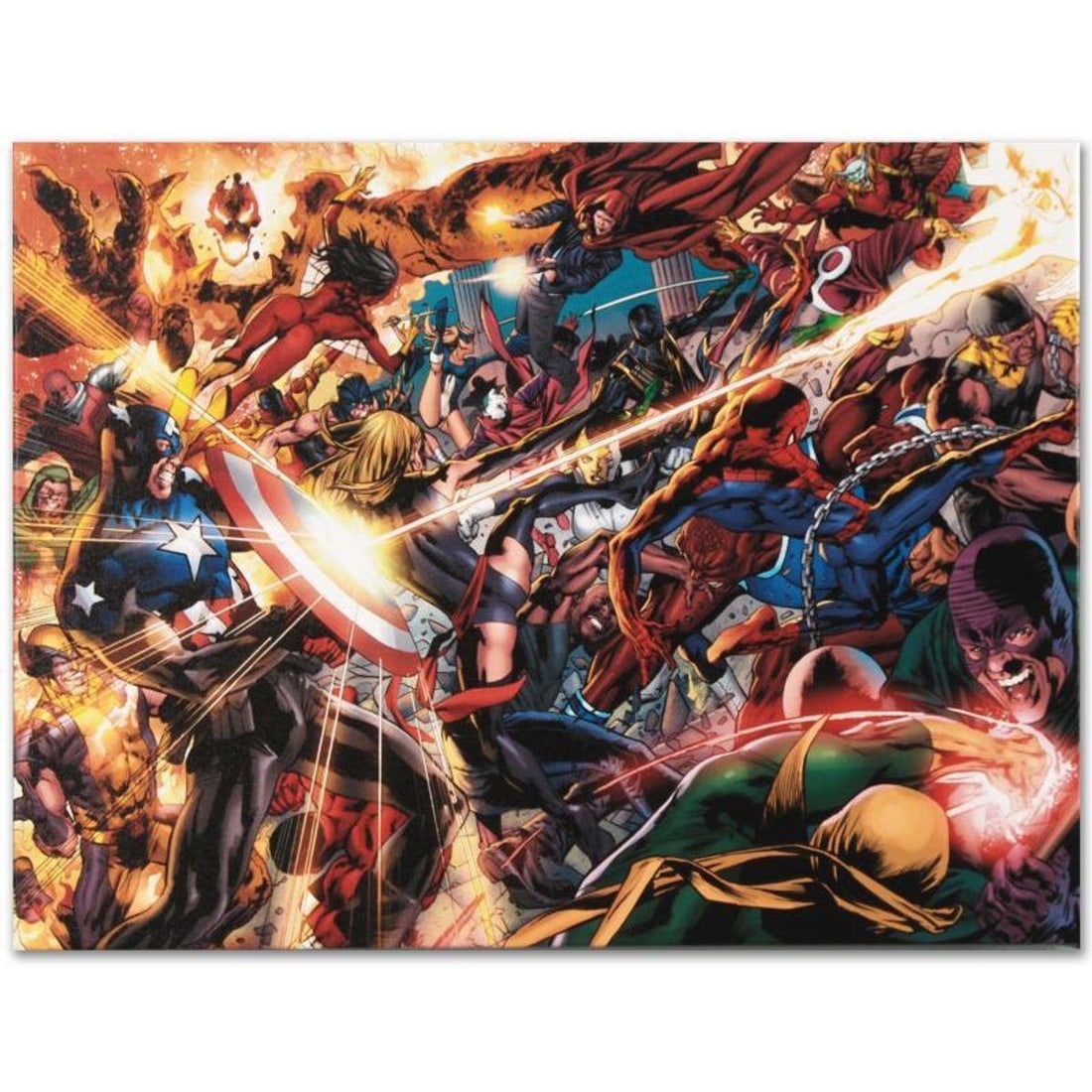 Marvel Comics "New Avengers #50" Numbered Limited Edition Giclee on Canvas by Billy Tan with COA.: A piece of comic book history, this limited edition, from original art by Billy Tan, depicts Wolverine, Spider-Man, Spider Woman, Captain America, Hawkeye, Iron Patriot, Ares, and Ms. Marvel. Billy Ta