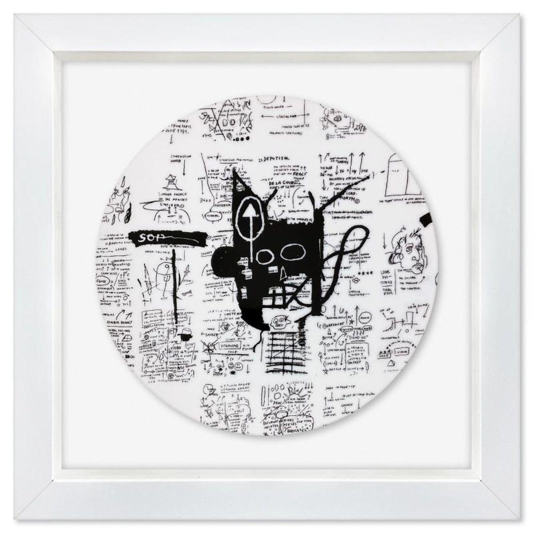 Jean-Michel Basquiat (1960-1988), "Untitled (Return of the Central Figure) 1983" Framed Limoges: Untitled (Return of the Central Figure) 1983 is a Limoges porcelain plate bearing the plate signature inverso of Jean-Michel Basquiat (1960-1988). This plate is custom framed and floated on linen. Mea