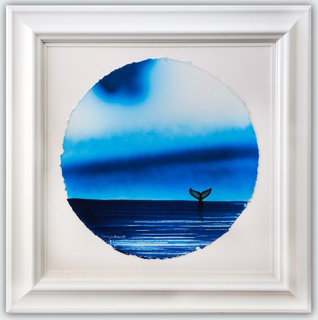 Wyland- Original Watercolor Painting on Deckle Edge Paper "Fluke": Artist: Wyland. Medium: Original Watercolor Painting on Deckle Edge Paper. Title: Fluke. Size: 19" x 19". Measures approx. 30" x 30" (framed). Signature: Hand Signed by the artist. Certificate of Auth
