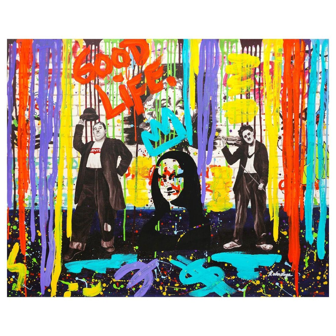 Nastya Rovenskaya- Mixed Media "Chaplin and Hardy": Artist: Nastya Rovenskaya. Medium: Mixed Media. Title: Chaplin and Hardy. Size: 24" x 30". Signature: Hand Signed. Certificate of Authenticity: Is included. Reference#: 44453.