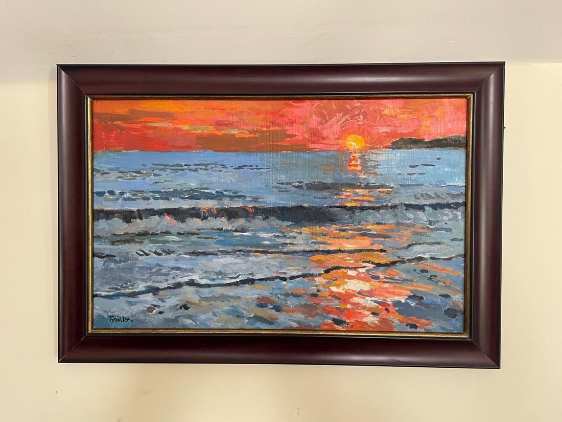 Boris Tyomkin- Oil on wood panel "Sunset. Malibu": Artist: Boris Tyomkin. Medium: Oil on wood panel. Title: Sunset. Malibu. Size: 15" x 24". Reference#: 25172.