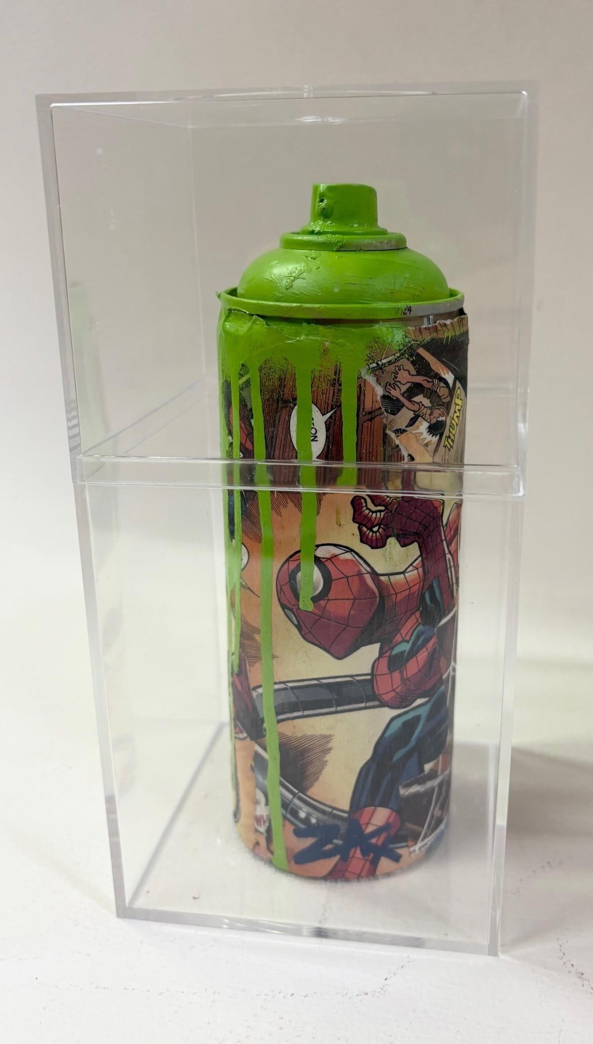 E.M Zax- 1/1 unique collage and paints on artist used spray can: Artist: E.M Zax. Medium: 1/1 unique collage and paints on artist used spray can. Size: 4" x 8". Signature: Hand Signed. Additional: Displayed in lucite box Size: 4x4x8. Reference#: 25177.