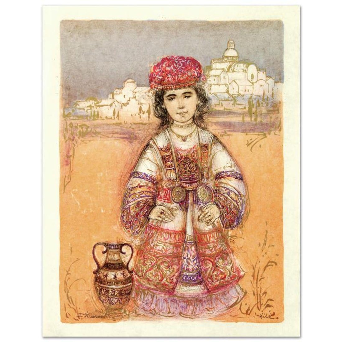 Aegea Limited Edition Lithograph by Edna Hibel (1917-2014), Numbered and Hand Signed with: Aegea is a limited edition lithograph on rice paper, numbered and hand signed by Edna Hibel (1917-2014). Includes Certificate of Authenticity! Measures approx. 19.5" x 25.5" (with border), 17" x 23" (