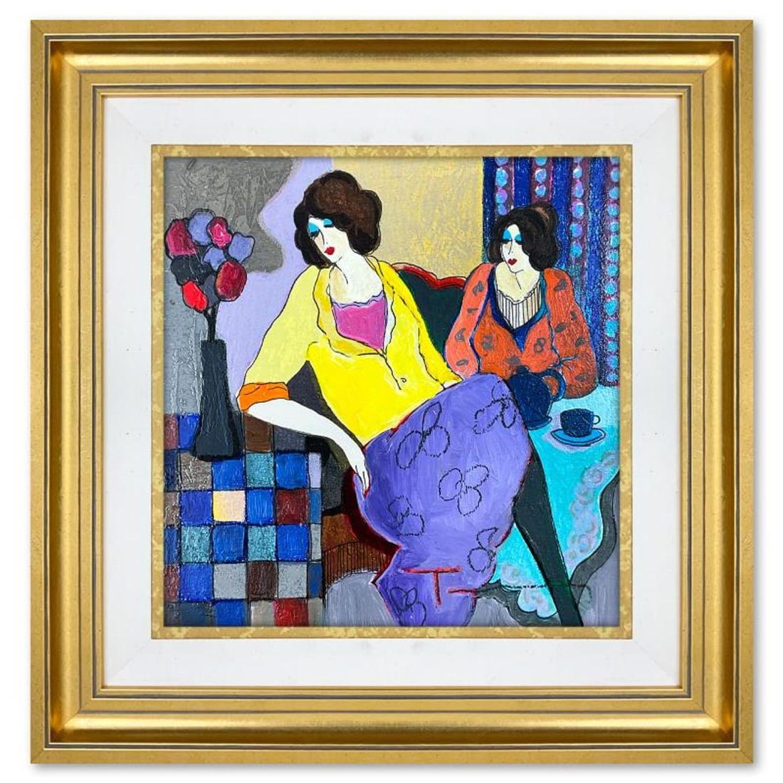 Itzchak Tarkay (1935-2012), "Sisters" Framed One-of-a-Kind Mixed Media Over Paint on Wood, Hand (1 of 2)