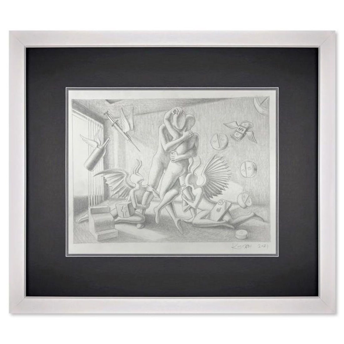 Mark Kostabi, "Unbreakable Bond" Framed Original Drawing on Paper, Hand Signed with Certificate of: "Unbreakable Bond" is an original drawing on paper by Mark Kostabi, hand signed by the artist. This piece comes custom framed and includes a certificate of authenticity. Measures approximately 15" x 1