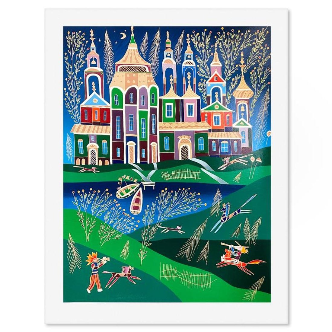 Yuri Gorbachev, "Musicians in Borovici" Hand Signed Serigraph with Letter of Authenticity: Musicians in Borovici is a serigraph on paper by Yuri Gorbachev, hand signed by the artist. This piece is not numbered. Includes Letter of Authenticity. Measures approx. 45.5" x 35" (border), 40" x 30