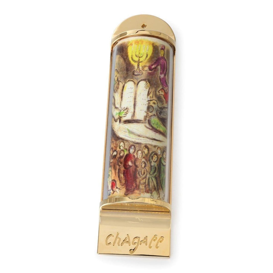 Marc Chagall- Mezuzah/ Silkscreen on 24K gold plated bronze "Ten Commandments": Artist: Marc Chagall. Medium: Mezuzah/ Silkscreen on 24K gold plated bronze. Title: Ten Commandments. Size: 5.1" x 1.4". Certificate of Authenticity: Is included. Additional: Limited edition of 1800.