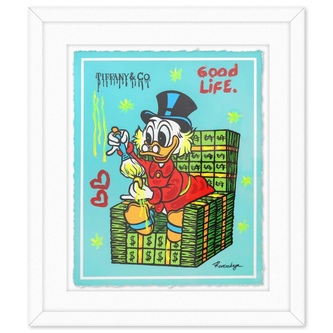 Nastya Rovenskaya- Original Mixed Media on Paper "Dripping in Dollars": Artist: Nastya Rovenskaya. Medium: Original Mixed Media on Paper. Title: Dripping in Dollars. Size: 24" x 20". Measures approx. 34" x 20" (framed). Signature: Hand signed by the artist. Certificate of