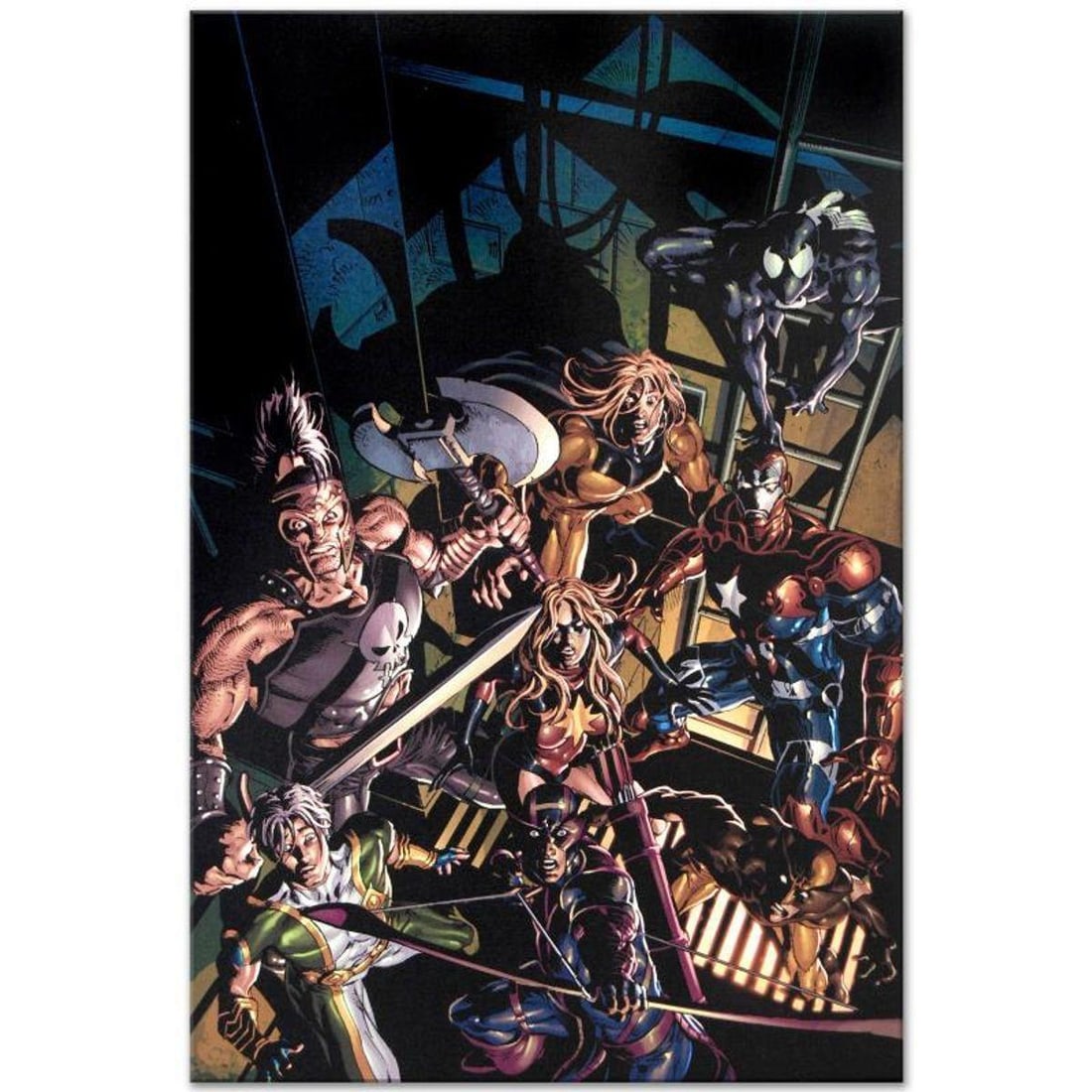 Marvel Comics "Dark Avengers #10" Numbered Limited Edition Giclee on Canvas by Mike Deodato Jr. with: A piece of comic book history, this limited edition, from original art by Mike Deodato Jr., depicts dark avengers Hawkeye, Wolverine, Ms. Marvel, Ares, Sentry, Spider-Man, Marvel Boy, and Iron Patriot