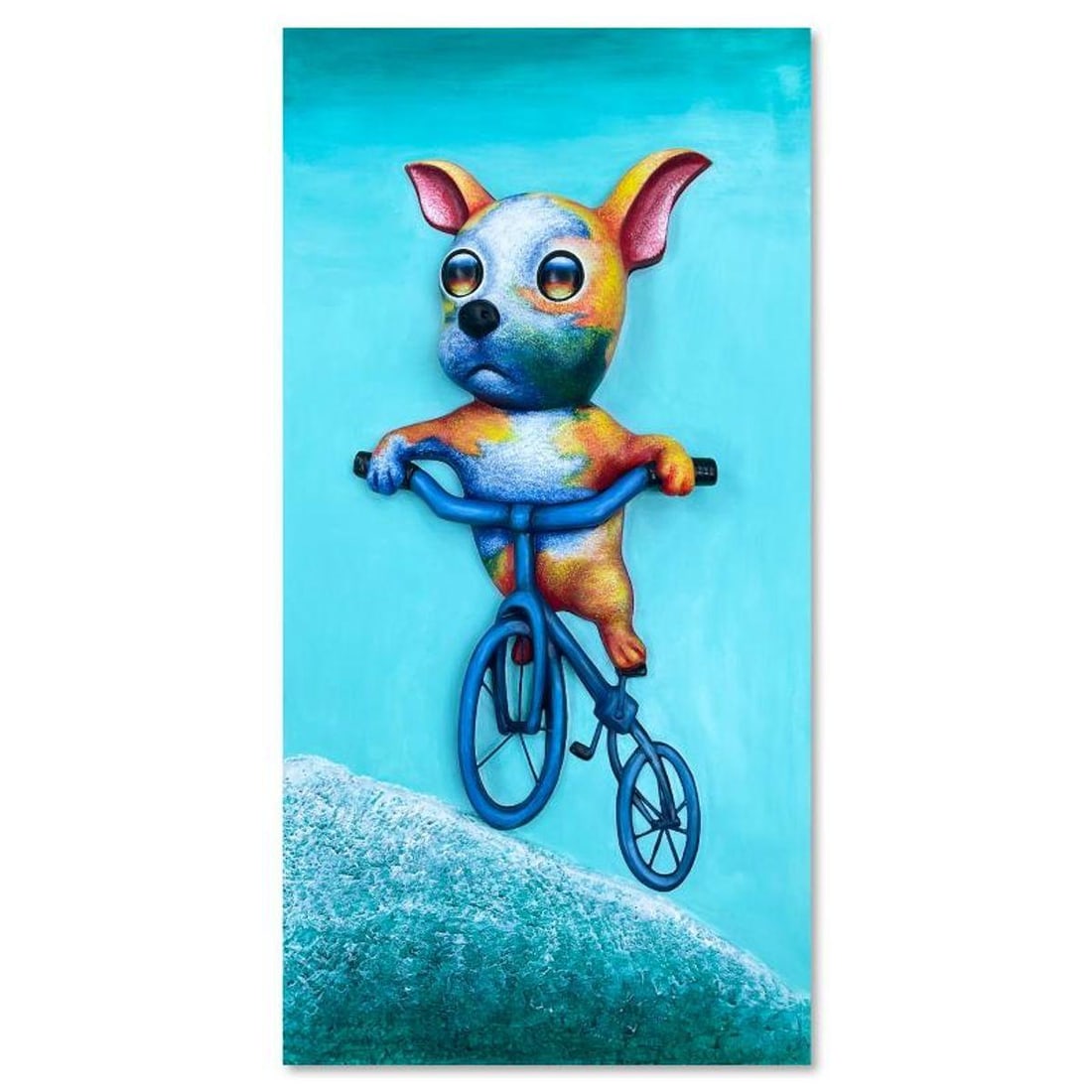Wang, "Bike Psych" Hand Painted Limited Edition Bas Relief Sculpture, Numbered 2/3, Hand Signed and: "Bike Psych" is a hand painted limited edition dimensional bas relief sculpture by Wang. This piece is numbered 2/3 and hand signed inverso. Includes Letter of Authenticity. Measures approx. 39" x 19.