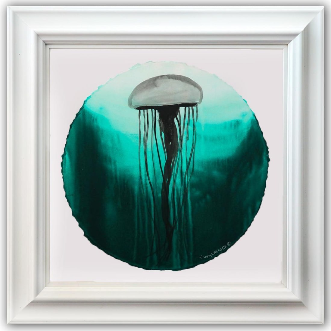 Wyland- Original Watercolor Painting on Deckle Edge Paper "Fluke": Artist: Wyland. Medium: Original Watercolor Painting on Deckle Edge Paper. Title: Fluke. Size: 19" x 19". Measures approx. 30" x 30" (framed). Signature: Hand Signed by the artist. Certificate of Auth