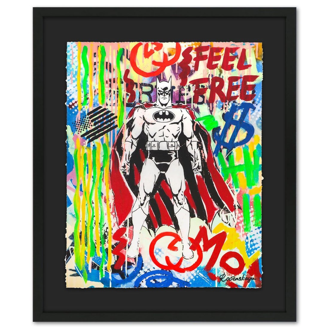 Nastya Rovenskaya- Original Mixed Media on Deckle Edge Paper "Batman": Artist: Nastya Rovenskaya. Medium: Original Mixed Media on Deckle Edge Paper. Title: Batman. Size: 30" x 24". Measures approx. 40" x 34" (framed). Signature: Hand Signed by the artist. Certificate of