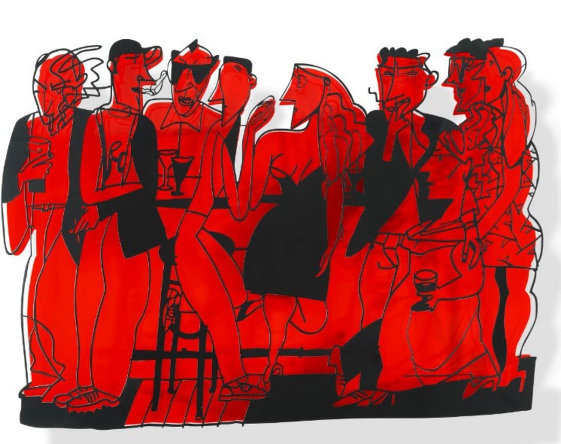 David Gerstein- Mixed Media Cutout Aluminum "Bar series - Bar at night (red)": Artist: David Gerstein. Medium: Mixed Media Cutout Aluminum. Title: Bar series - Bar at night (red). Size: 28" x 20". Signature: Signed and numbered. Certificate of Authenticity: Is included.