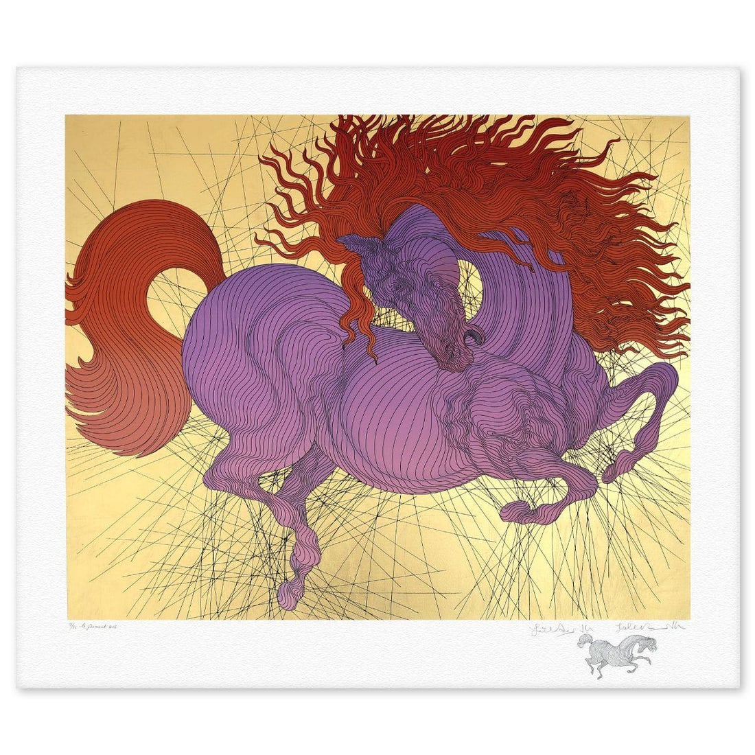 Guillaume Azoulay- Gold Leaf Silkscreen with Remarque "La Jument": Artist: Guillaume Azoulay. Medium: Gold Leaf Silkscreen with Remarque. Title: La Jument. Size: 35" x 40". Signature: Hand Signed and Numbered. Certificate of Authenticity: Is included. Reference#: 815