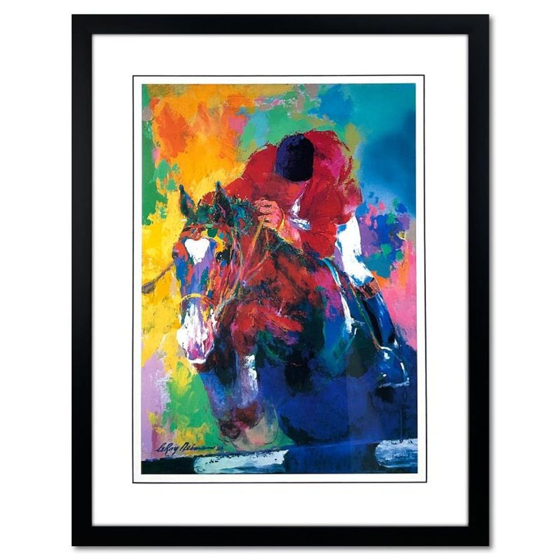 Leroy Neiman (1921-2012), "United States Equestrian Team: Riding for America, Los Angeles 1984": United States Equestrian Team: Riding for America, Los Angeles 1984 is an offset lithograph on paper by Leroy Neiman (1921-2012). This piece comes custom framed. Measures approx. 23" x 29" (frame), 15