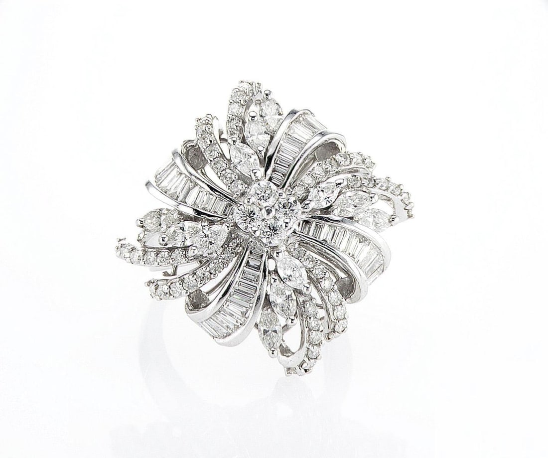 18kt White Gold 2.12ctw Diamond Ring: One 18k white gold ring, set with natural diamond. Jewelry Weight: 14.45Grs Total Diamonds Weight: 2.12Cts Main Stones Description: Quantity: 56 Cut and shape: Round Brilliant Carats Weight: 0.6 Clari