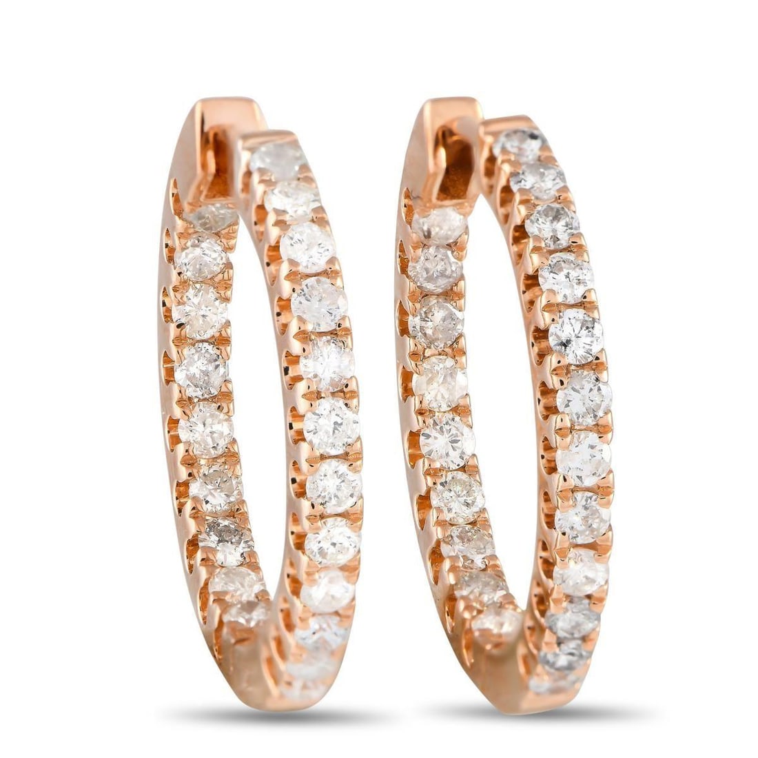 14K ROSE GOLD 1.0CT DIAMOND INSIDE-OUT HOOP EARRINGS: Unleash the goddess in you with this pair of rose gold ear sparklers. Each 0.75 hoop comes traced with an inner and outer row of bright white diamonds for a noticeable shimmer at any angle. Each hoop