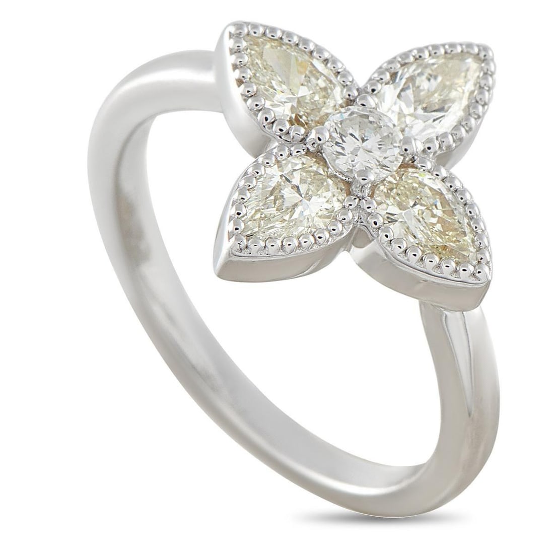 18K WHITE GOLD 0.95CT DIAMOND FOUR PETAL FLOWER RING: An 18K white gold ring topped with a four-petal bloom centerpiece. Crisp and luminous, the flower motif's round diamond center is surrounded by fur pear-cut diamond petals. Each petal is framed in fin