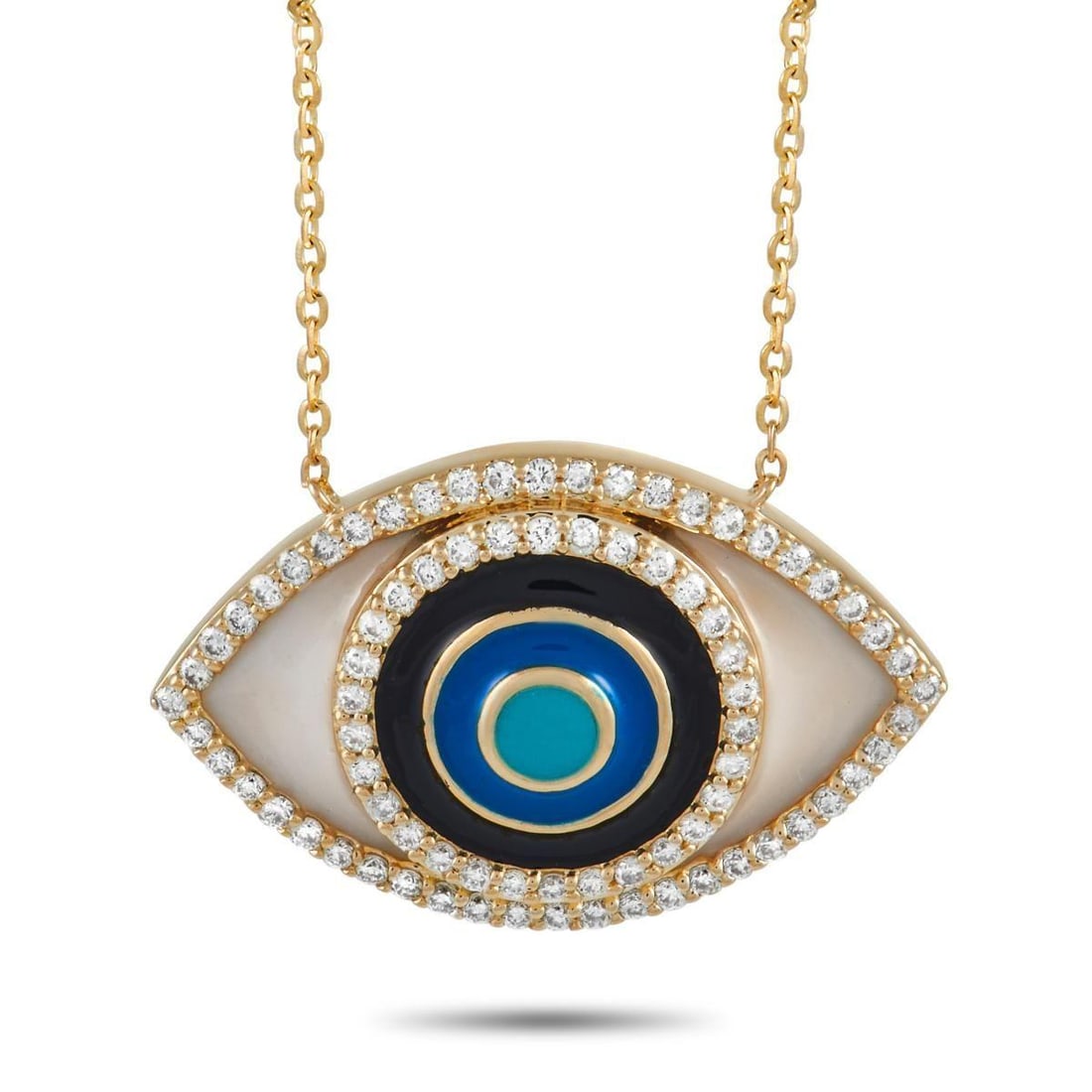 14K YELLOW GOLD 0.40 CT DIAMOND EVIL EYE NECKLACE: Youre sure to attract attention with this bold 14K Yellow Gold 0.40 ct Diamond Evil Eye Necklace! The necklace features a yellow gold chain, highlighting a matching 14K yellow gold evil eye pendant. T