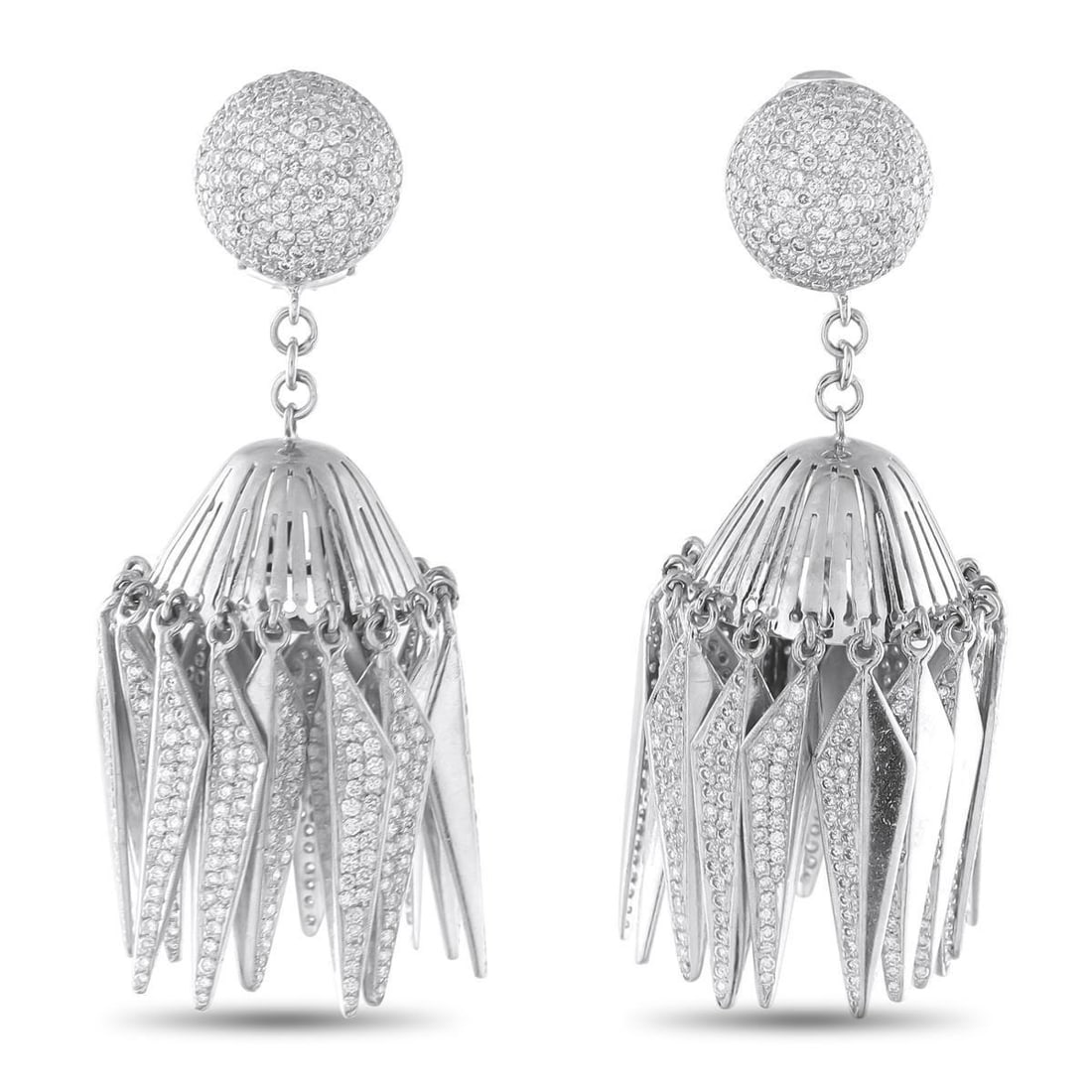 NEIL LANE PLATINUM 5.42CT DIAMOND EARRINGS: An elegant, artistic design makes these Neil Lane earrings simply spectacular. Chic and contemporary, Diamonds with a total weight of 5.42 carats accent the circular motif at the base of the design as