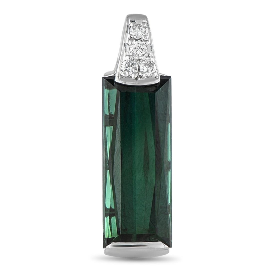 PLATINUM 0.009CT DIAMOND AND TOURMALINE PENDANT: Sharp and refined, this platinum pendant features a striking 5.89-carat green tourmaline in a clean rectangular step cut. The colored gemstone's crisp lines and broad facets beautifully highlight its