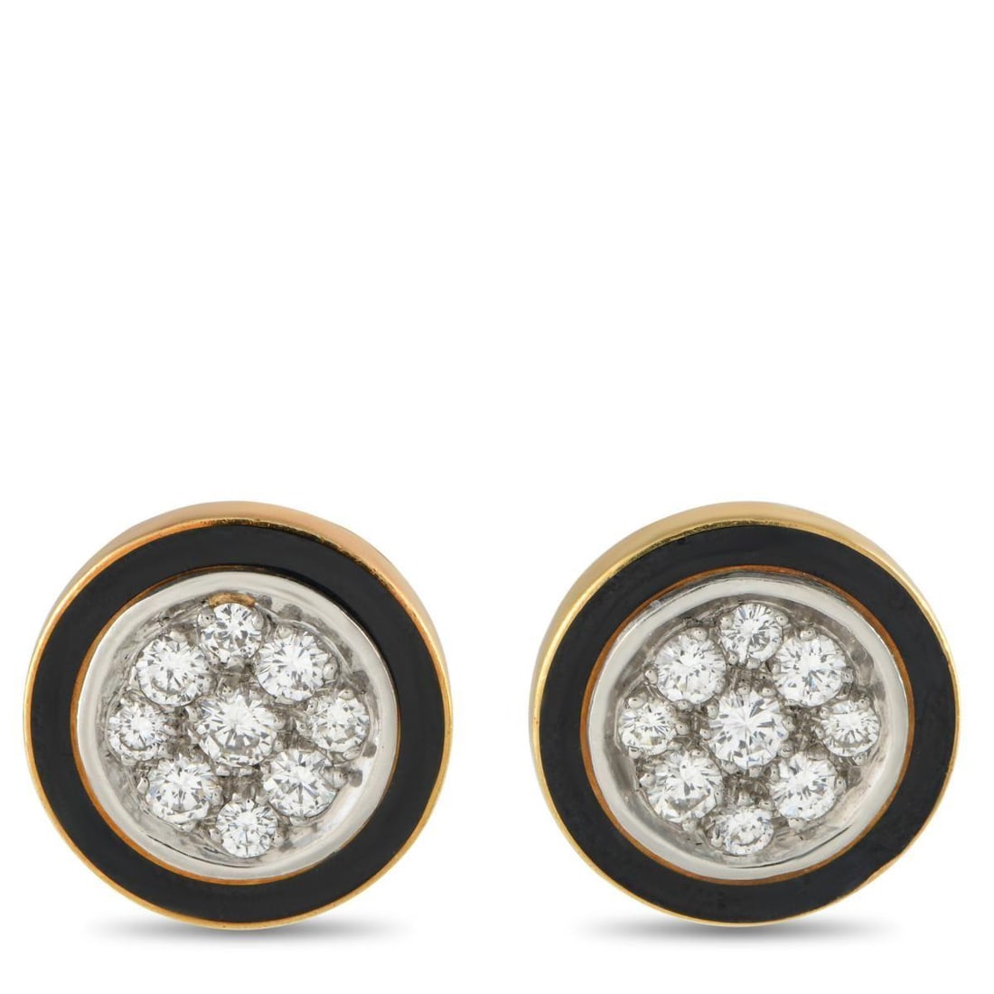 18K YELLOW GOLD 1.0CT DIAMOND AND ENAMEL EARRINGS: A striking geometric design makes these earrings instantly eye-catching. At the center of the round 18K Yellow Gold setting, Diamonds totaling 1.0 carats effortlessly catch the light. Black enamel aro
