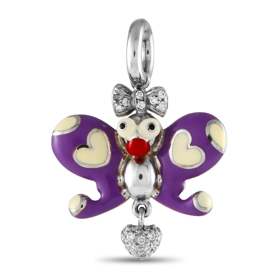 AARON BASHA 18K WHITE GOLD DIAMOND AND PURPLE ENAMEL BUTTERFLY CHARM: A lovely little butterfly for an equally lovely little lady. This Aaron Basha butterfly charm makes a precious token to mark a milestone. It is crafted in solid 18K white gold, shaped like a butterfly