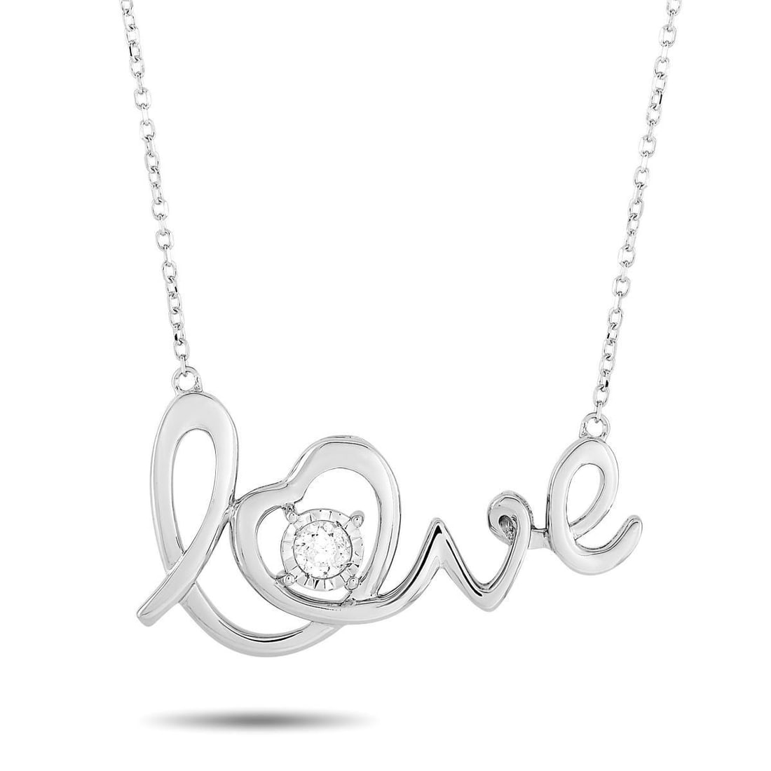 14K WHITE GOLD 0.10 CT DIAMOND PENDANT NECKLACE: This necklace is made of 14K white gold and embellished with a 0.10 ct diamond stone. The necklace weighs 3.2 grams and boasts a 16 chain and a love pendant that measures 0.75 in length and 1.15 in wi