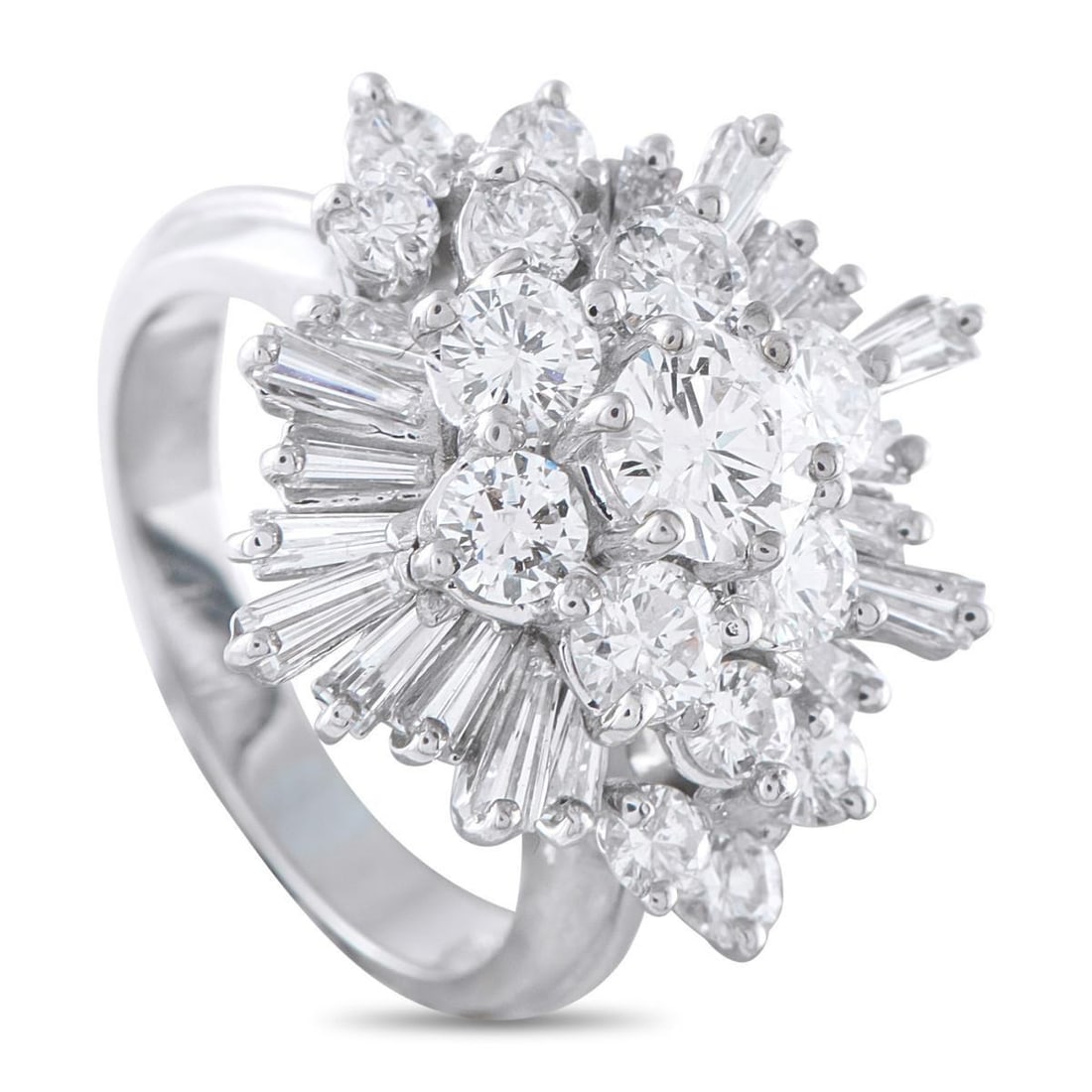 14K WHITE GOLD 3.48CT DIAMOND RING: A dazzling array of Diamonds totaling 3.48 carats allow this ring to come alive every time it catches the light. Stylish and statement making, the 14K White Gold setting features a 3mm wide band and a