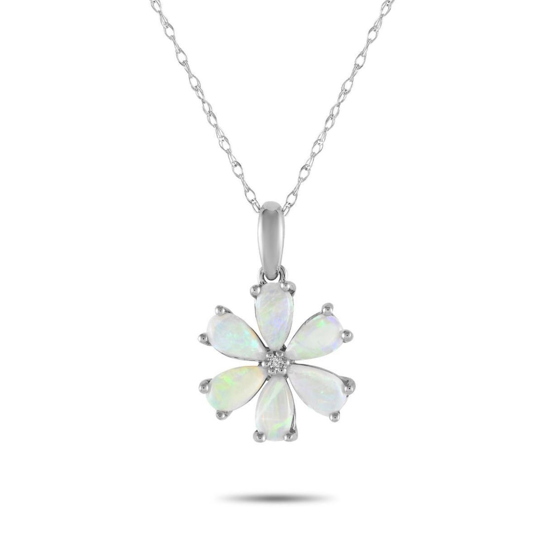 14K WHITE GOLD 0.01CT DIAMOND AND OPAL FLOWER NECKLACE: A floral shaped pendant makes a statement on this simple, elegant necklace. Crafted from 14K White Gold, the pendant comes to life thanks to radiant Opal petals and a single 0.01 carat Diamond stone a